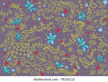 Garden artistic seamless fancy, leaves and dragonflies