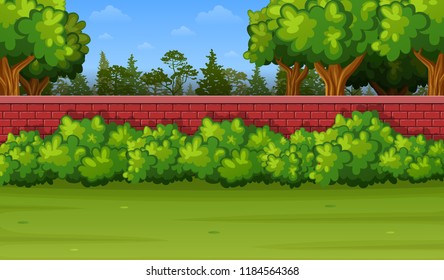 Garden background with brick wall and green grass