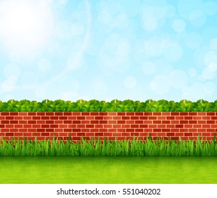 Garden Background With Brick Wall And Green Grass Vector