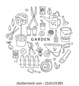 Garden background in doodle style round icon with tools for planting and caring for plants. Vector illustration.