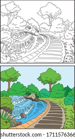 Garden background environment vector drawing, line art and colored. 