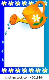 Garden background, including watering can droplets of water and flowers.