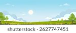 Garden Background Landscape Spring With Beautiful Cartoon Forest, Vector Flower Horizon Design, Sky Summer Banner, Nature Art And Easter Illustration For Seasonal Wallpaper And Outdoor Scene.
