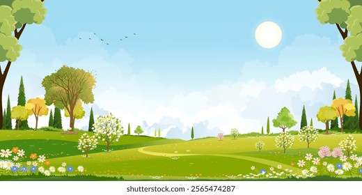 Garden Background Landscape Spring With Beautiful Cartoon Forest, Vector Flower Horizon Design, Sky Summer Banner, Nature Art And Easter Illustration For Seasonal Wallpaper And Outdoor Scene.

