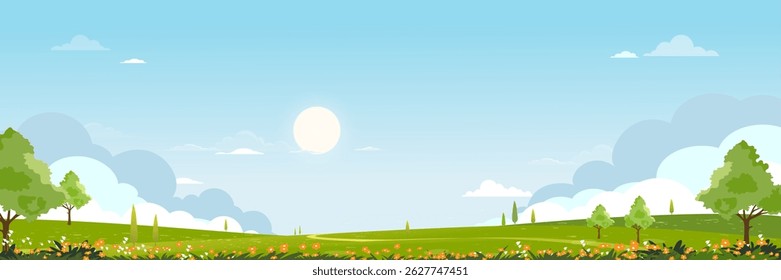 Garden Background Landscape Spring With Beautiful Cartoon Forest, Vector Flower Horizon Design, Sky Summer Banner, Nature Art And Easter Illustration For Seasonal Wallpaper And Outdoor Scene.
