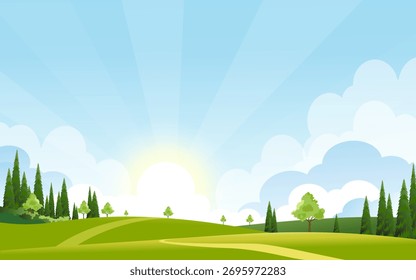 Garden Background Landscape Spring With Beautiful Cartoon Forest, Vector Flower Horizon Design, Sky Summer Banner, Nature Art And Easter Illustration For Seasonal Wallpaper And Outdoor Scene.
