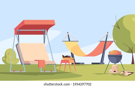 Garden background. Outdoor relax place in private rural house barbecue fireplace soft modern furniture table chairs and swings gardenning backyard garish vector picture