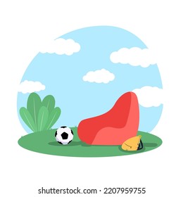 Garden background. Outdoor relax place in private rural house barbecue fireplace soft modern furniture table chairs and swings gardenning backyard garish vector picture