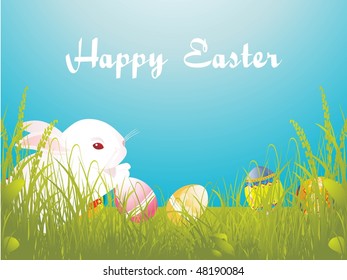 garden background with rabbit, colorful egg