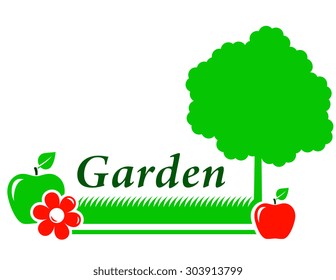 garden background with tree icon, flower, green grass and red apple