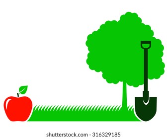 garden background with tree, shovel, fruit and green grass