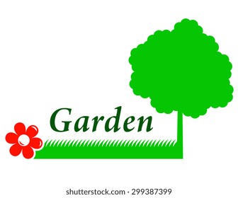 garden background with tree silhouette, grass and red flower