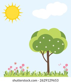 Gartenhintergrund mit Bäumen und schönem Hof. Frühlingslandschaft mit Garten. Sommerpark mit grünen Bäumen, Büschen, Gras und Blumen. Blauer Himmel, Sonne, Baum. Flache Vektorgrafik.