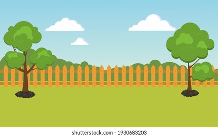 Garden background, with trees and a cute fence. Spring landscape with a garden. Landscape scene.