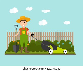 Garden Background Vector Illustration. Farmer Gardener Man with Lawnmower in Modern Flat Style. EPS10