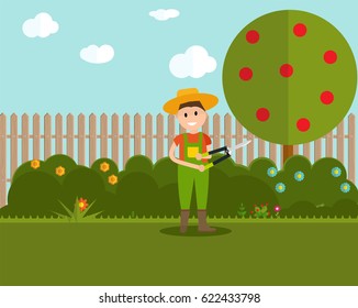 Garden Background Vector Illustration. Farmer Gardener Man with Scissors for Shearing Bushes in Modern Flat Style. EPS10