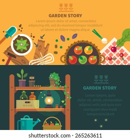 Garden backgrounds for site. Set of farm elements: lantern, shovel, watering can, basket of apples, fruits, vegetables, flowers, tools, shelf. Vector flat  illustrations