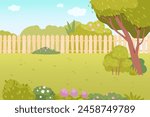 Garden backyard cartoon vector illustration. House yard with fence, green grass lawn, trees, flowers and bushes. Outdoor patio for BBQ parties. Summer and spring landscape.