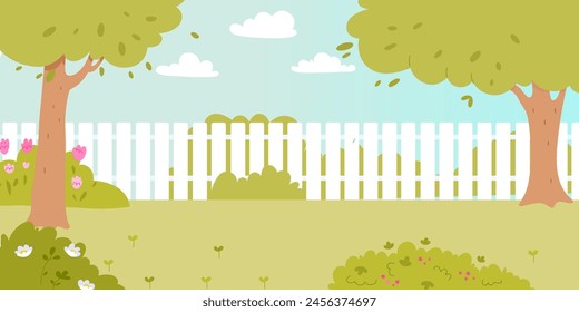 Ilustración vectorial de dibujos animados de jardín. Jardín de la casa con cerca, césped verde, árboles, flores y arbustos. Patio exterior para fiestas de barbacoa. Paisaje de verano y primavera.