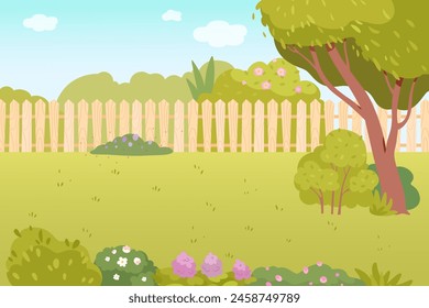 Garden backyard cartoon vector illustration. House yard with fence, green grass lawn, trees, flowers and bushes. Outdoor patio for BBQ parties. Summer and spring landscape.