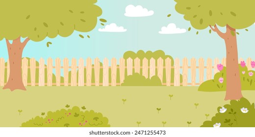 Garden backyard cartoon vector illustration. House yard with fence, green grass lawn, trees, flowers and bushes. Outdoor patio for BBQ parties. Summer and spring landscape.