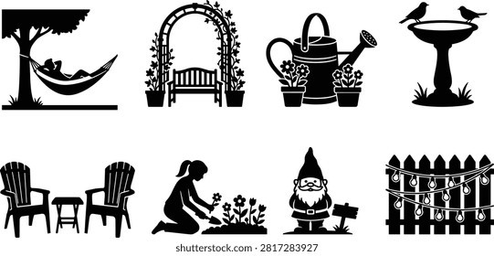“Outdoor garden and backyard silhouettes with hammock, bench, watering can, birdbath, chairs, gnome, and decorative fence scene”