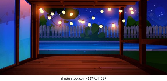 Garden backyard view from house terrace vector. Home outdoor patio and swimming pool at night in summer. Outside garland bulb light on empty cottage balcony. Courtyard exterior decoration at nighttime