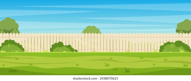 Garden backyard with wooden fence hedge, green trees and bushes, grass , park plants. Spring or summer landscape. Patio area for BBQ summer parties. Vector illustration in flat style