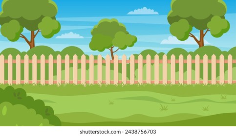 Garden backyard with wooden fence hedge, green trees and bushes, grass , park plants. Spring or summer landscape. Patio area for BBQ summer parties. Vector illustration in flat style