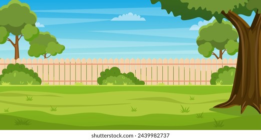 Jardín patio trasero con valla de madera seto, árboles verdes y arbustos, hierba , plantas de parque. Paisaje de primavera o verano. Zona de patio para barbacoas de verano. Ilustración vectorial en estilo plano