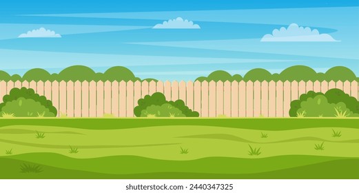 Garden backyard with wooden fence hedge, green trees and bushes, grass , park plants. Spring or summer landscape. Patio area for BBQ summer parties. Vector illustration in flat style