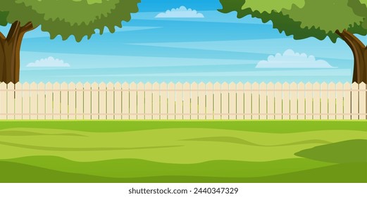 Garden backyard with wooden fence hedge, green trees and bushes, grass , park plants. Spring or summer landscape. Patio area for BBQ summer parties. Vector illustration in flat style