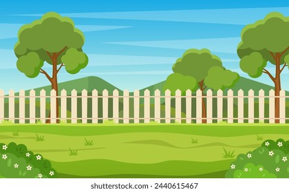 Garden backyard with wooden fence hedge, green trees and bushes, grass , park plants. Spring or summer landscape. Patio area for BBQ summer parties. Vector illustration in flat style