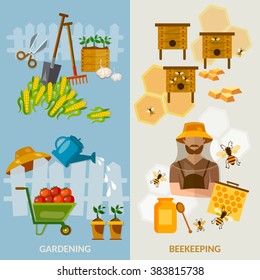 Garden banners beekeeping equipment cultivation fruits and vegetables vector illustration 