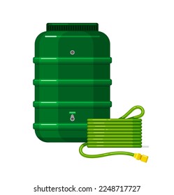 Garden barrel and coiled rubber hose, rainwater harvesting system, rain catcher. Green plastic water storage tank with tap for pipes and hoses. Vector flat illustration isolated on white background