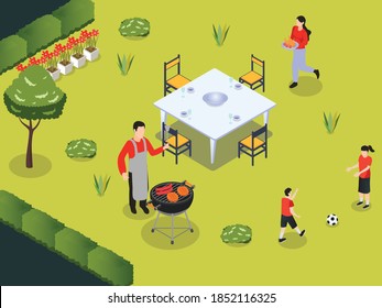 Garden BBQ party isometric vector concept: Family cooking tasty barbeque on backyard. Father and mother preparing the food while children playing with the ball