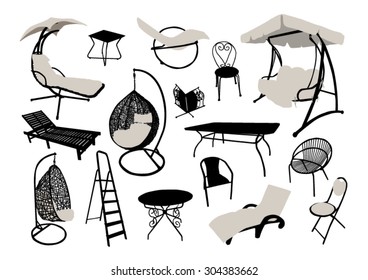 Garden and beach furniture silhouettes set