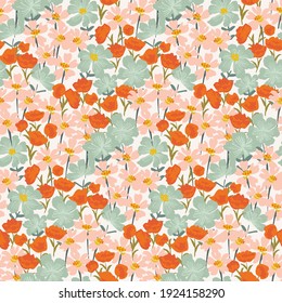 Garden of beautiful hand-drawn flowers in pink, orange, and mint on white background. Floral seamless vector pattern. Great for home decor, fabric, wallpaper, gift-wrap, stationery, and design