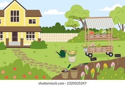 Garden beautiful landscape concept. Rural village and agriculture. Flowers and tulips at backyard. Summer and spring season. Poster or banner for website. Cartoon flat vector illustration