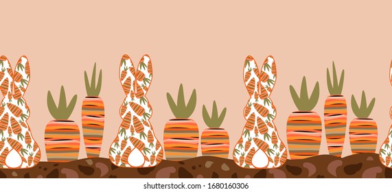 Garden bed, Easter Bunny silhouette (back view) and striped carrots. Vector seamless border pattern. Easter design.
