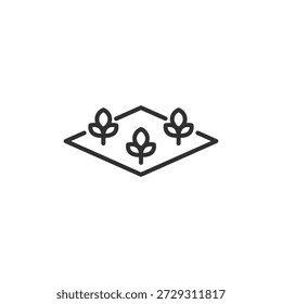 Cama de jardim com plantas, ícone linear. Área de jardinagem e cultivo de terras. Linha com traçado editável.