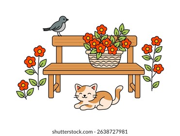 Garden bench with basket of flowers, bird and cute kitten, colorful vector illustration, isolated on whate background. Decorative design for themes of home, gardening and rural living.