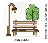 Garden bench with lantern filled color icon and tree editable stroke