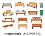 Garden bench. Outdoor furniture, park benches, waste bins and picnic tables cartoon vector illustration set. Outside objects for leisure time isolated collection, empty wood table with seats