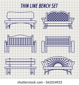 Garden bench thin line icons set vector. Bench on notebook background