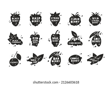 Garden berries, grunge stickers set. Strawberry, raspberry, blackberry, currant, cherry, barberry. Black texture silhouette with lettering inside. Imitation of stamp. Hand drawn print with scuffs