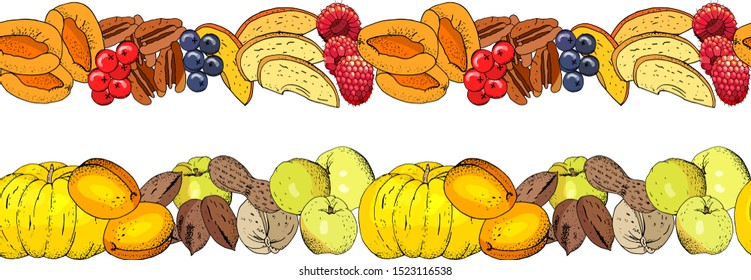 Garden berries, leaves and fruits seamless border frame background. Pumpkin, apricot, raspberry, walnut, blueberry, Apple. Ingredients for pies fillings. Fresh juicy sweet food.