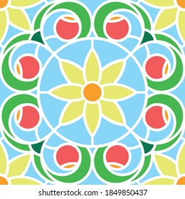 Garden Berry and Flower tile design, stained glass window, vector illustration