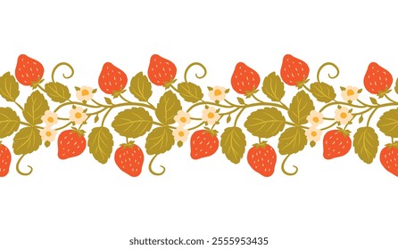 Garden berry ornamental border seamless pattern. Strawberry fruits and leaves repeat. Vector illustration for banners, postcards, flyers, wallpapers for social networks, textiles, tablecloths, nap