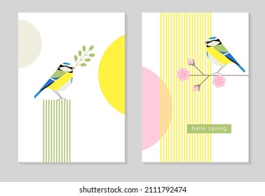 Garden bird is sitting on the tree branch with flowers. Hello spring composition for cards and invitations. Stilyzed geometrical vector illustration.